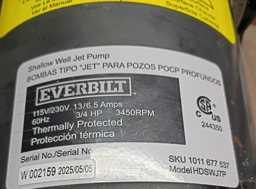 HDSWJ7P Everbilt 1/2 HP Shallow Well Jet Pump 1011677535 For Parts