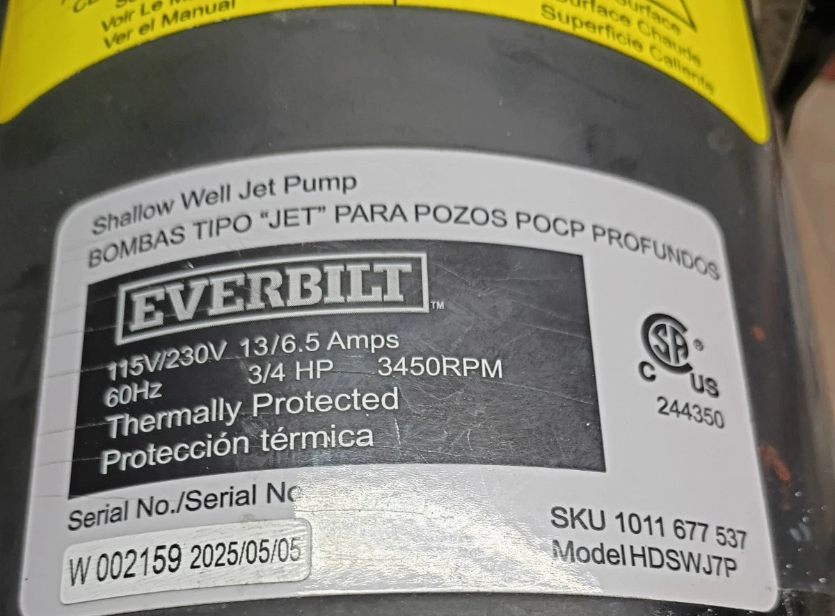 HDSWJ7P Everbilt 1/2 HP Shallow Well Jet Pump 1011677535 For Parts