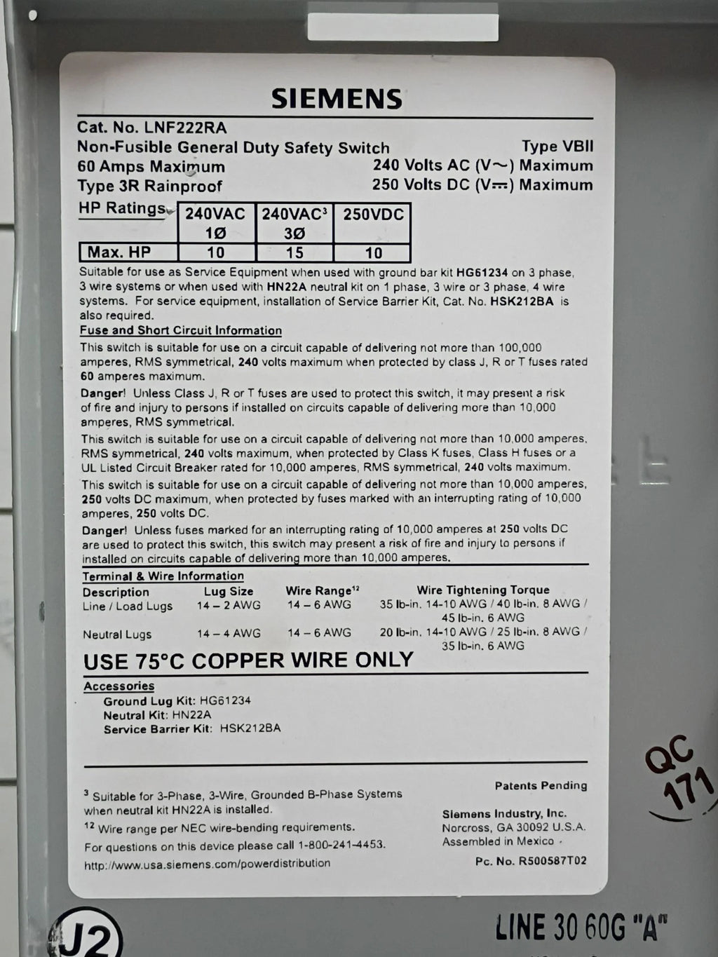 Siemens LNF222RA 60A 240V 2-Pole Non-Fusible Safety Disconnect Switch NEMA 3R OB