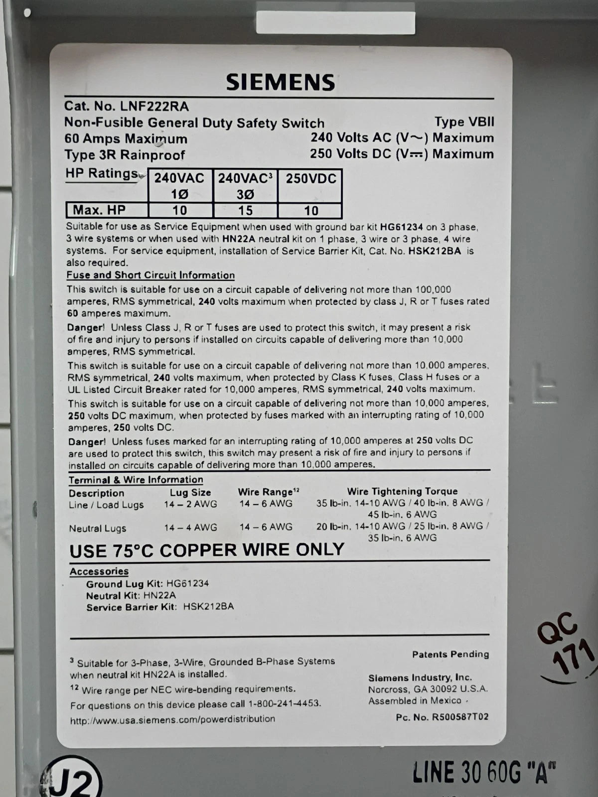 Siemens LNF222RA 60A 240V 2-Pole Non-Fusible Safety Disconnect Switch NEMA 3R OB