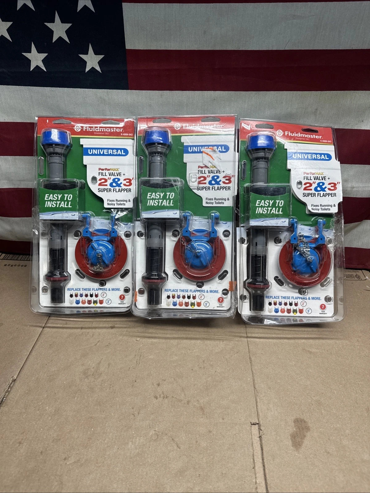3pck Fluidmaster Fill Valve + 2” & 3” Super Flapper Kit K-400H-043 OPEN BOX