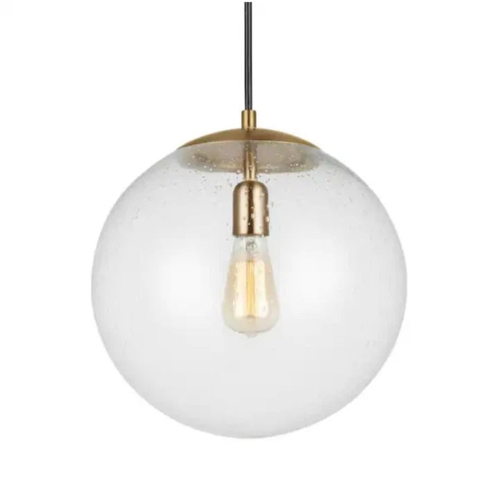 Leo Hanging Globe 14 in. 1-Light Satin Brass Pendant with Clear Seeded Glass OB