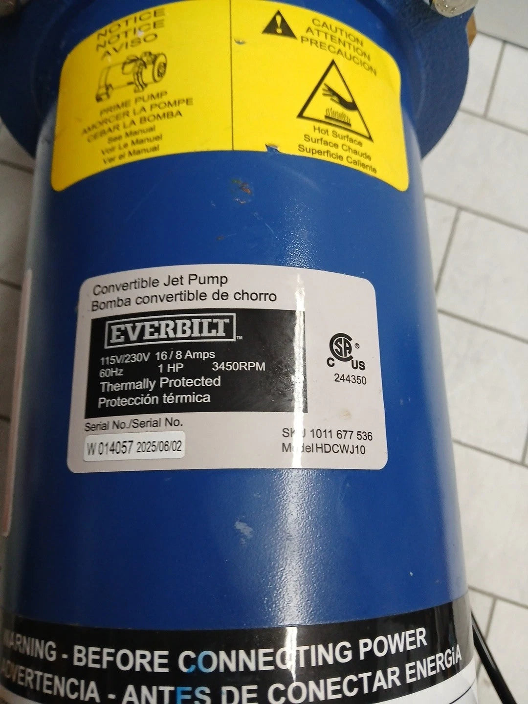 Everbilt HDCWJ10, 1 HP Professional Convertible Jet Pump 24 GPM, PARTS ONLY.