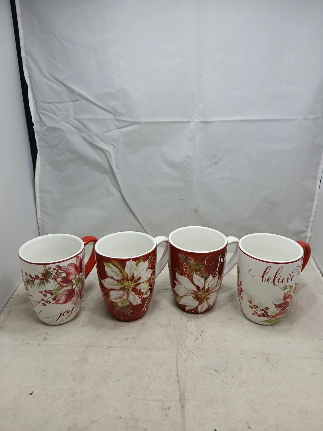 Certified International Winters Joy 22oz Mugs Set 4 Peace,Believe,Hope,Joy NWT