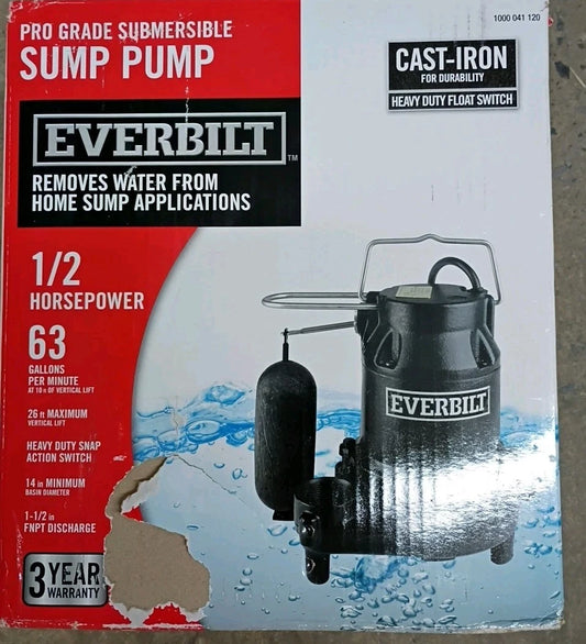 Everbilt HDS50 1/2 HP Cast Iron Sump Pump Model OPEN BOX.