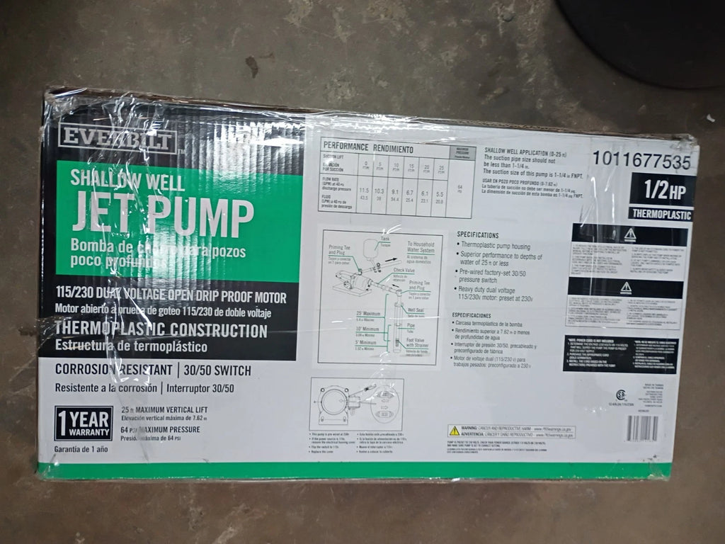 Everbilt HDSWH5P 1/2 HP Plastic Shallow Well Jet Pump New Open Box