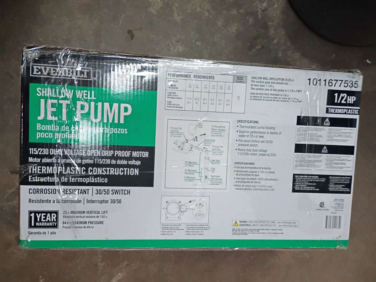 Everbilt HDSWH5P 1/2 HP Plastic Shallow Well Jet Pump New Open Box