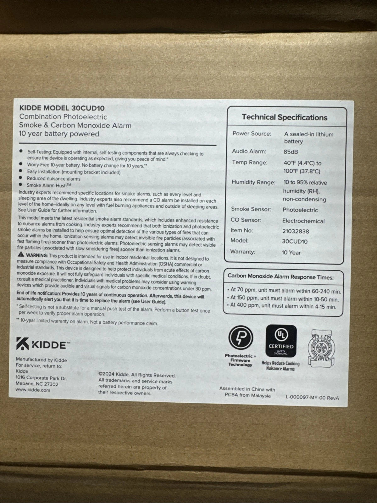 Kidde Smoke & CO Detector, 10-Year Battery, LED Warning Indicators 30CUD10.
