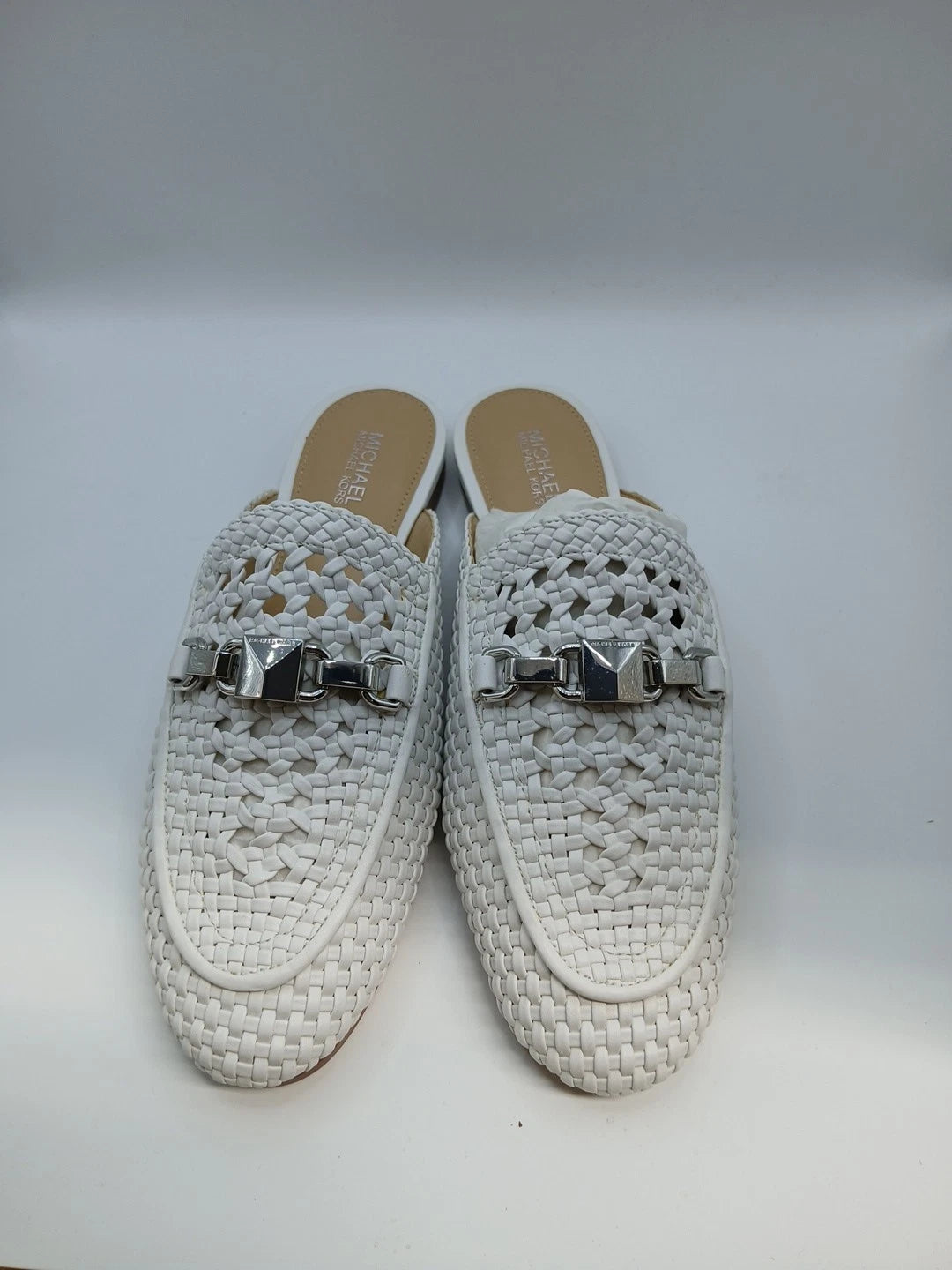 Michael Kors Charlton Woven Mule Slides Optic White Leather Loafer Size 5M
