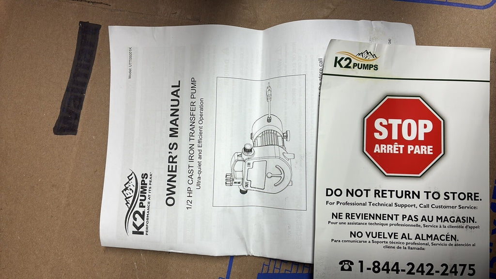 K2 UTT05001K Pumps Utility Transfer Pump 1/2 Hp Cast Iron 7A 1500GPH OPEN BOX
