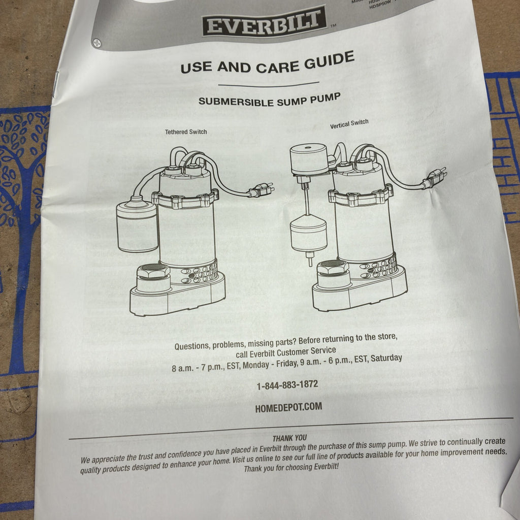 HDSP33V Everbilt 1/3 HP Aluminum Sump Pump Submersible  Vertical Switch Open Box