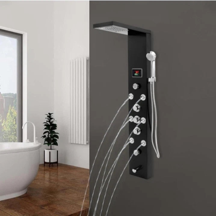 Black LED Shower Panel Tower System, 8 Body Massage Jets, Stainless Steel...