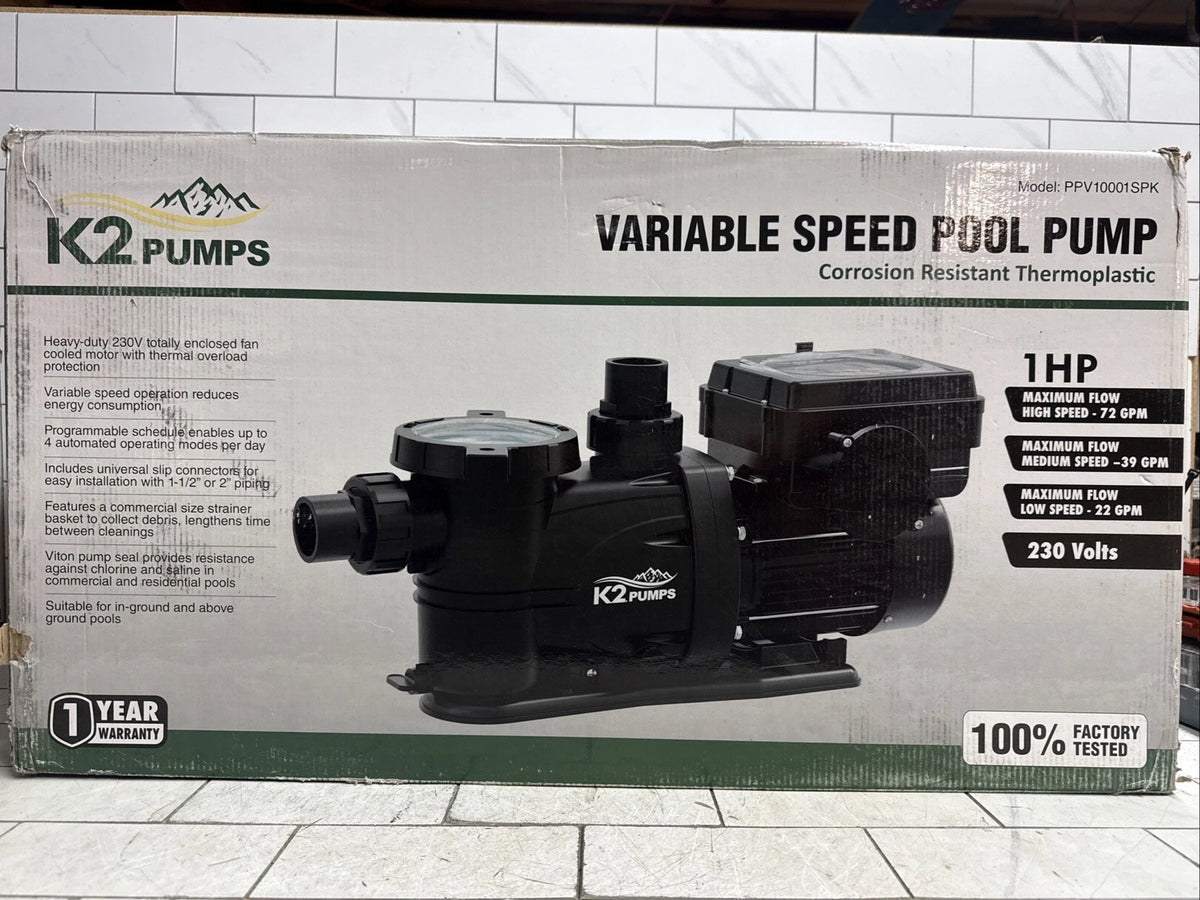 K2 Pumps Pool Pump 1 Hp Variable Speed 230 Volt Doe & Cec Compliant New Open Box