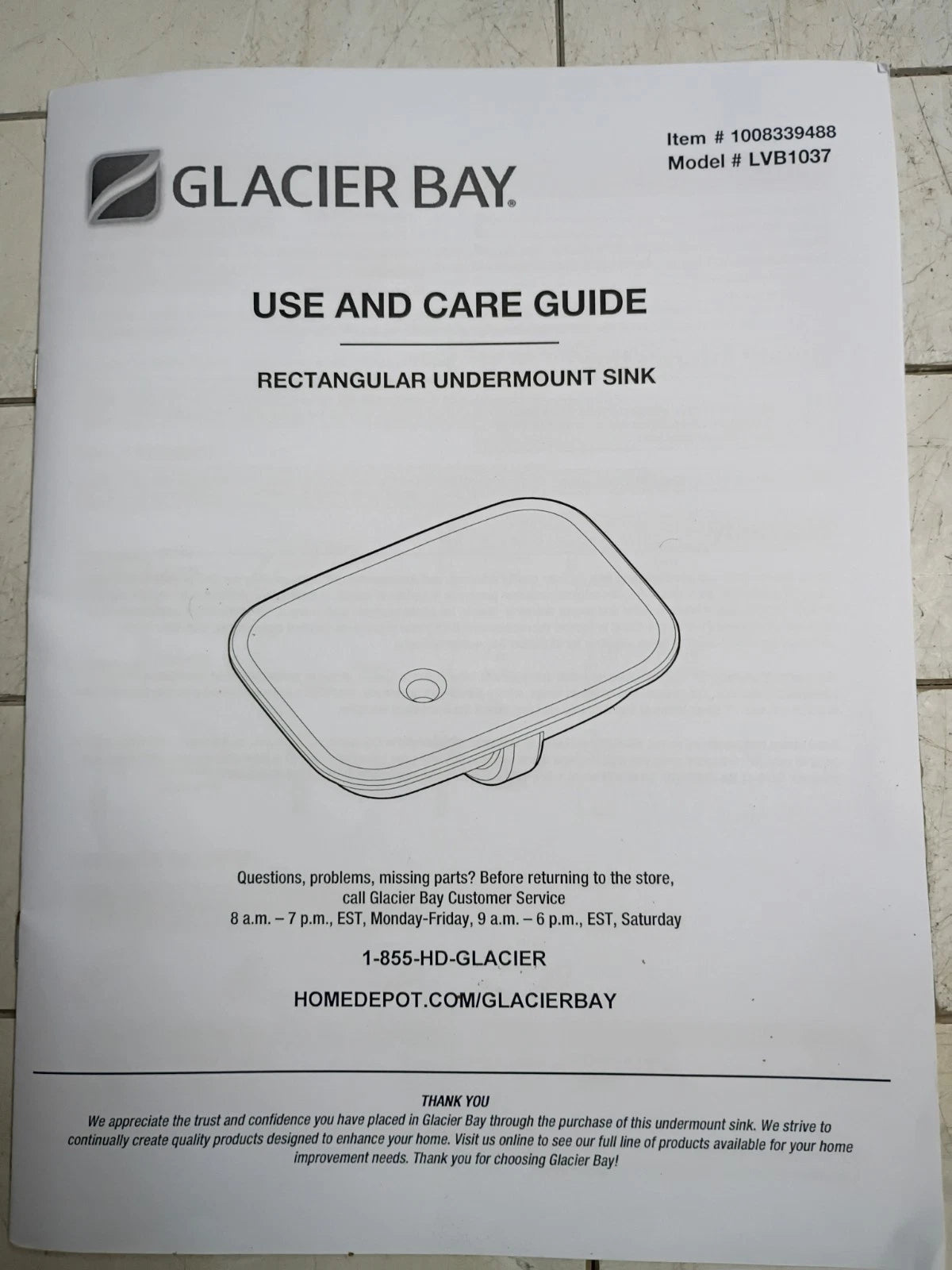 Glacier Bay Undermount Sink LVB1037 Rectangular Basin Open Box
