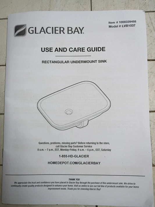 Glacier Bay Undermount Sink LVB1037 Rectangular Basin Open Box