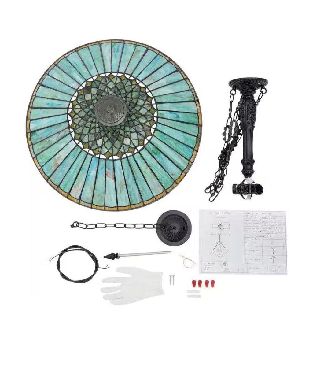 23.62 in. 5-Light Emerald Green Vintage Tiffany Shaded Pendant Light with Sta…