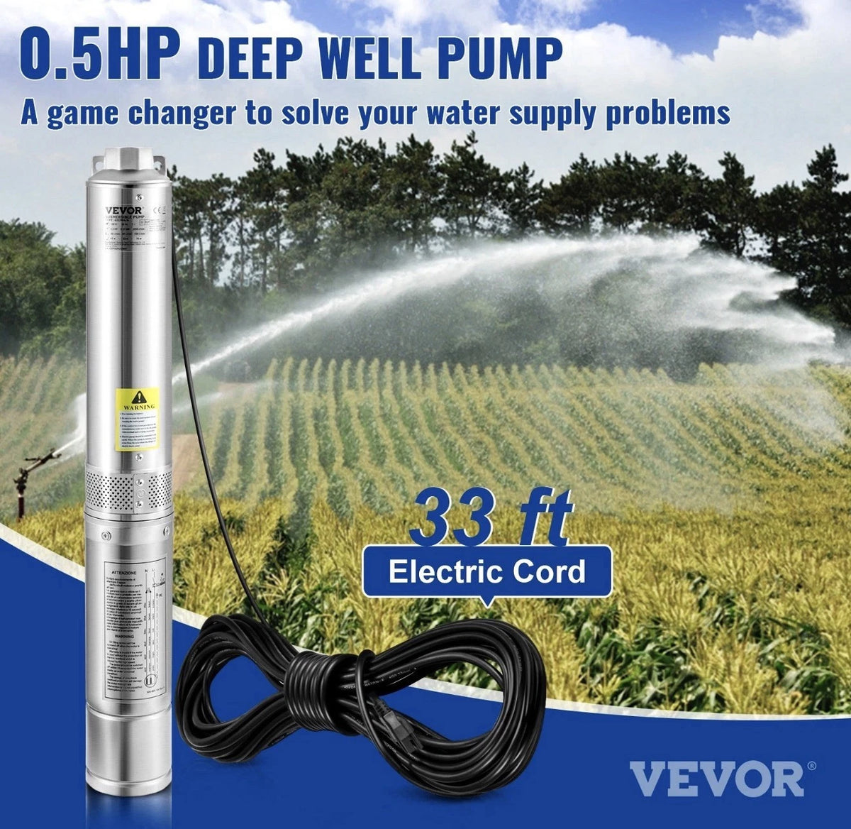 VEVOR 4SSM4/5-2 4” SUBMERSIBLE DEEP WELL PUMP 230V 0.5 HP NEW OPEN BOX