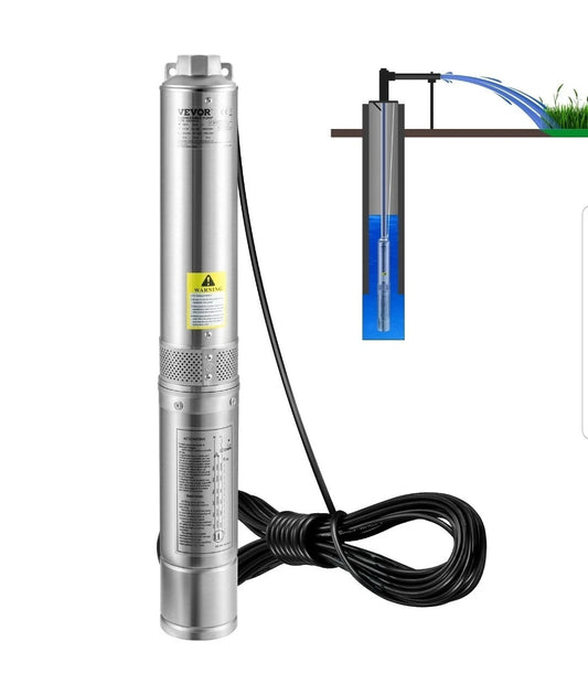 0.5HP Deep Well Submersible Pump 230V 28GPM 167ft Head 33ft Cord Stainless Steel