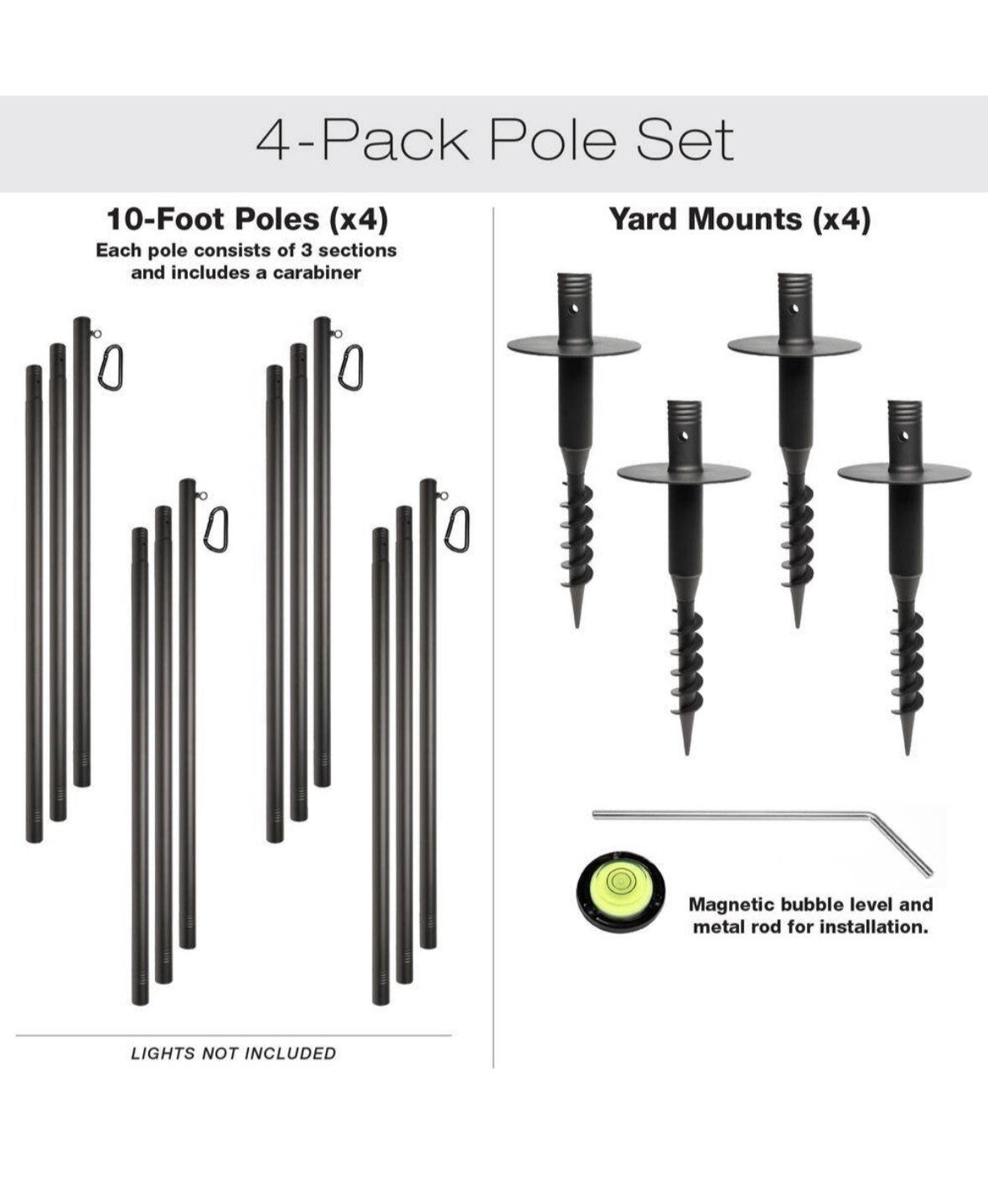 Premium 10ft String Light Poles - 4 Pack for Yard Mounting on Grass/Dirt
