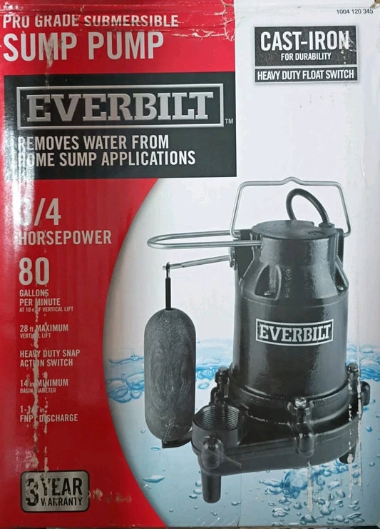 Everbilt 3/4HP Cast-Iron Pro-Grade Submersible Sump Pump 1004 120 345 Open Box