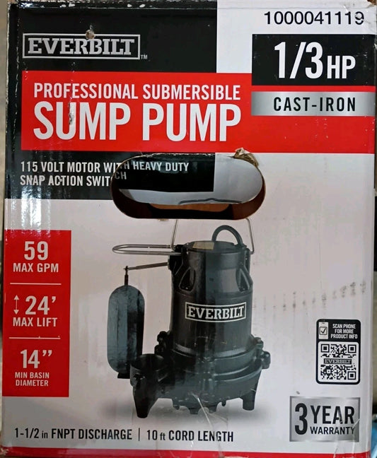 Everbilt S02160925 1/3 HP Cast Iron Submersible Sump Pump Used