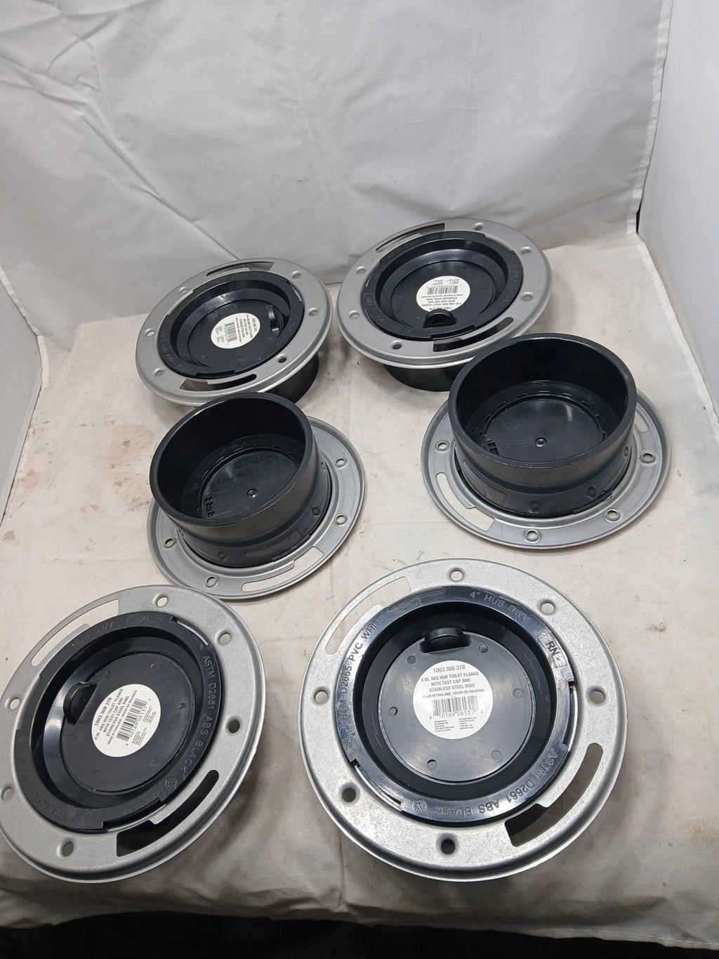 6 PK 4in ABS hub Toilet Flange W/ Test Cap and Stainless Steel Ring New OB