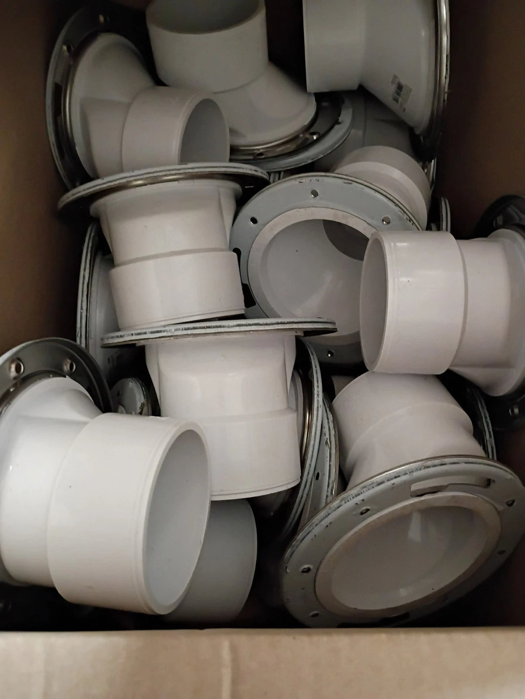 20PK Oatey 43605, 3" PVC Open Offset Toilet Flange with Stainless Steel Ring.