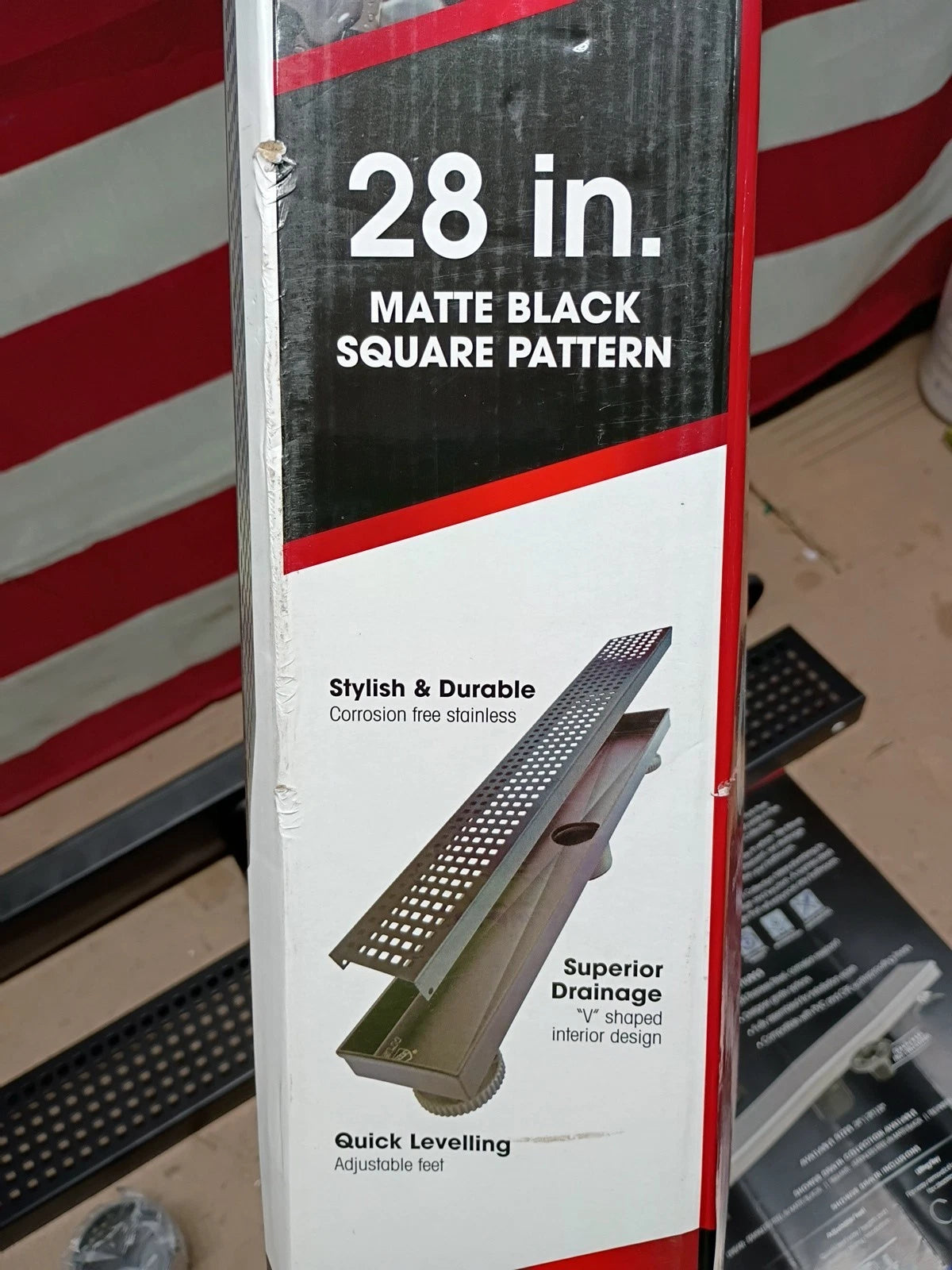 RELN FD2803SQBK 28" Matte Black Linear Shower & Drain, Square Pattern Cover, OB,