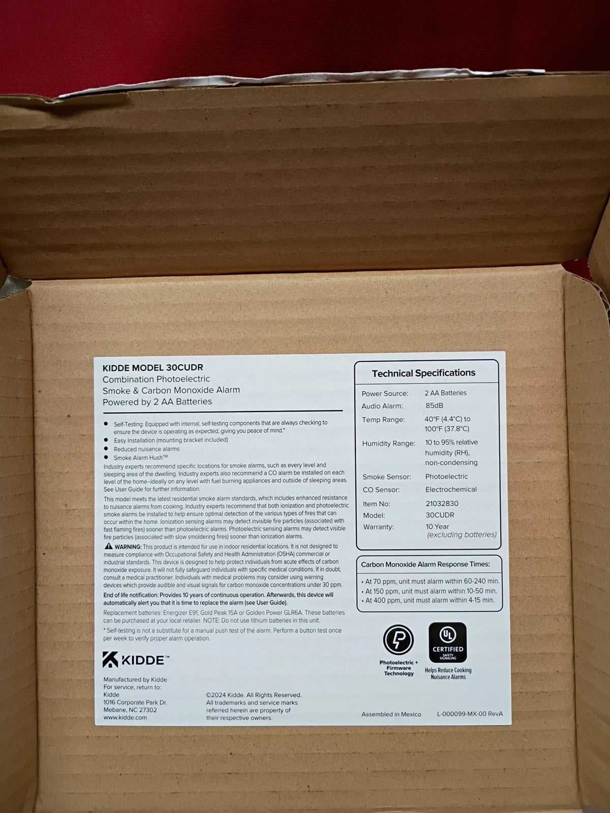 Kidde 30CUDR Smoke & Carbon Monoxide Detector AA Battery Backup