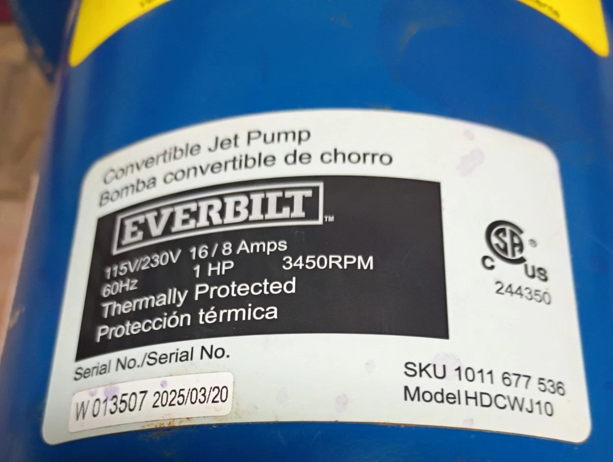 Everbilt HDCWJ10 1 HP Professional Convertible Jet Pump For Parts Only READ