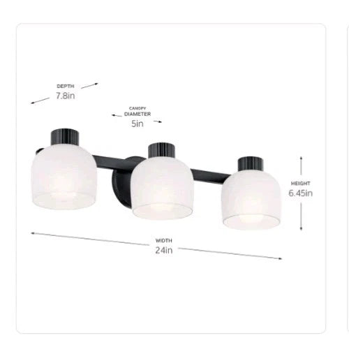 KICHLER 24" 3-Light Black Bathroom Vanity Light w/ Satin Etched White Glass OB