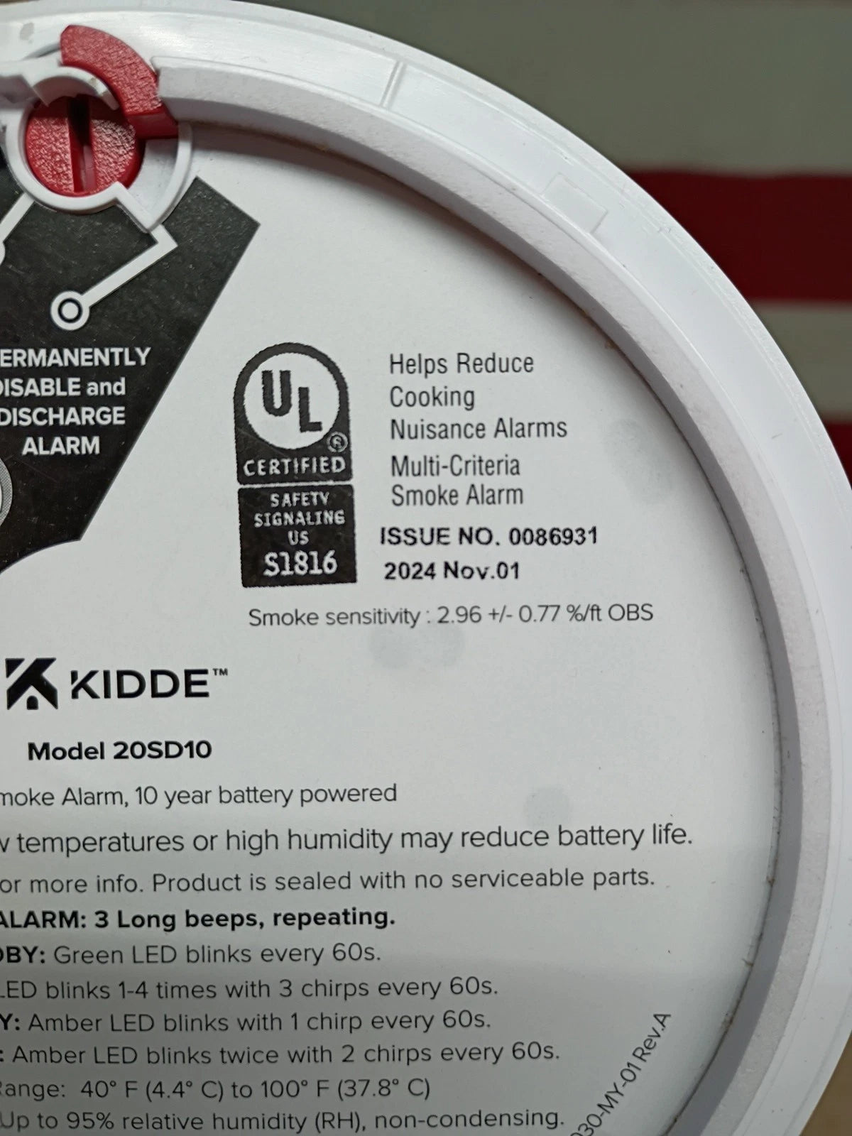 Kidde 20SD10 Smoke Detector 10-Year Battery Powered LED Warning Light, OPEN BOX