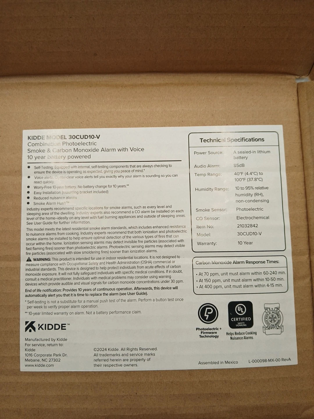 Kidde Smoke & Carbon Monoxide Detector Voice Alerts 30CUD10-V NEW OPEN BOX