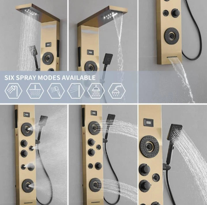 4Jet Rainfall Shower Panel System with Rainfall Waterfall Shower Head Black Gold