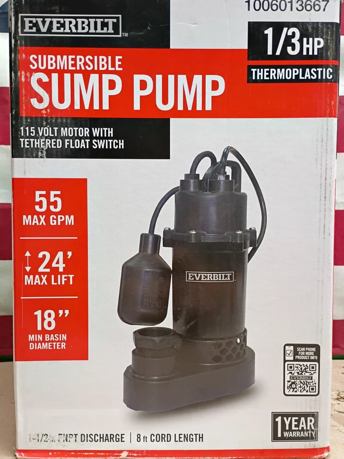 Everbilt 1/3 HP Corrosion Resistant Aluminum Sump Pump w/ Tether Switch OB.