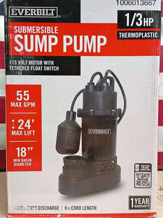 Everbilt 1/3 HP Corrosion Resistant Aluminum Sump Pump w/ Tether Switch OB.