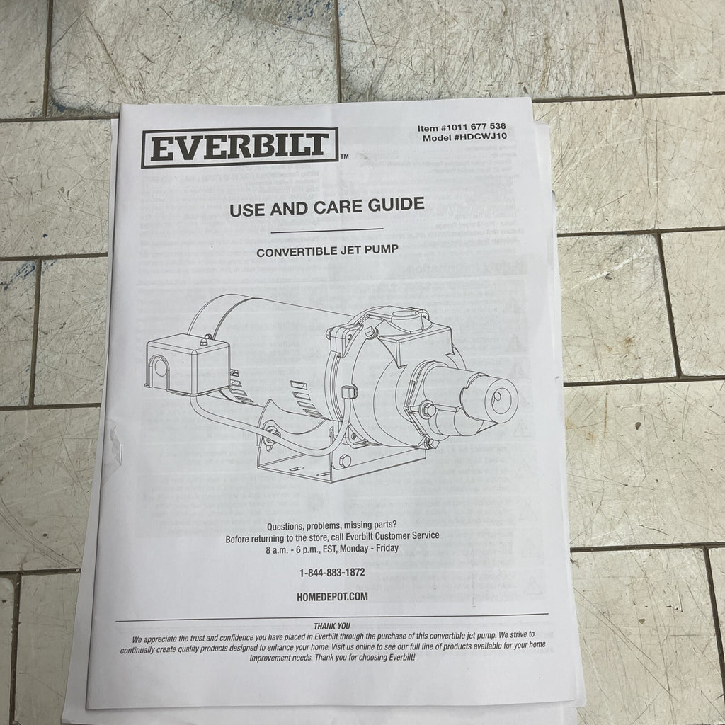 Everbilt HDCWJ10, 1 HP 115/230 Volt Professional Convertible Jet Pump PARTS ONLY