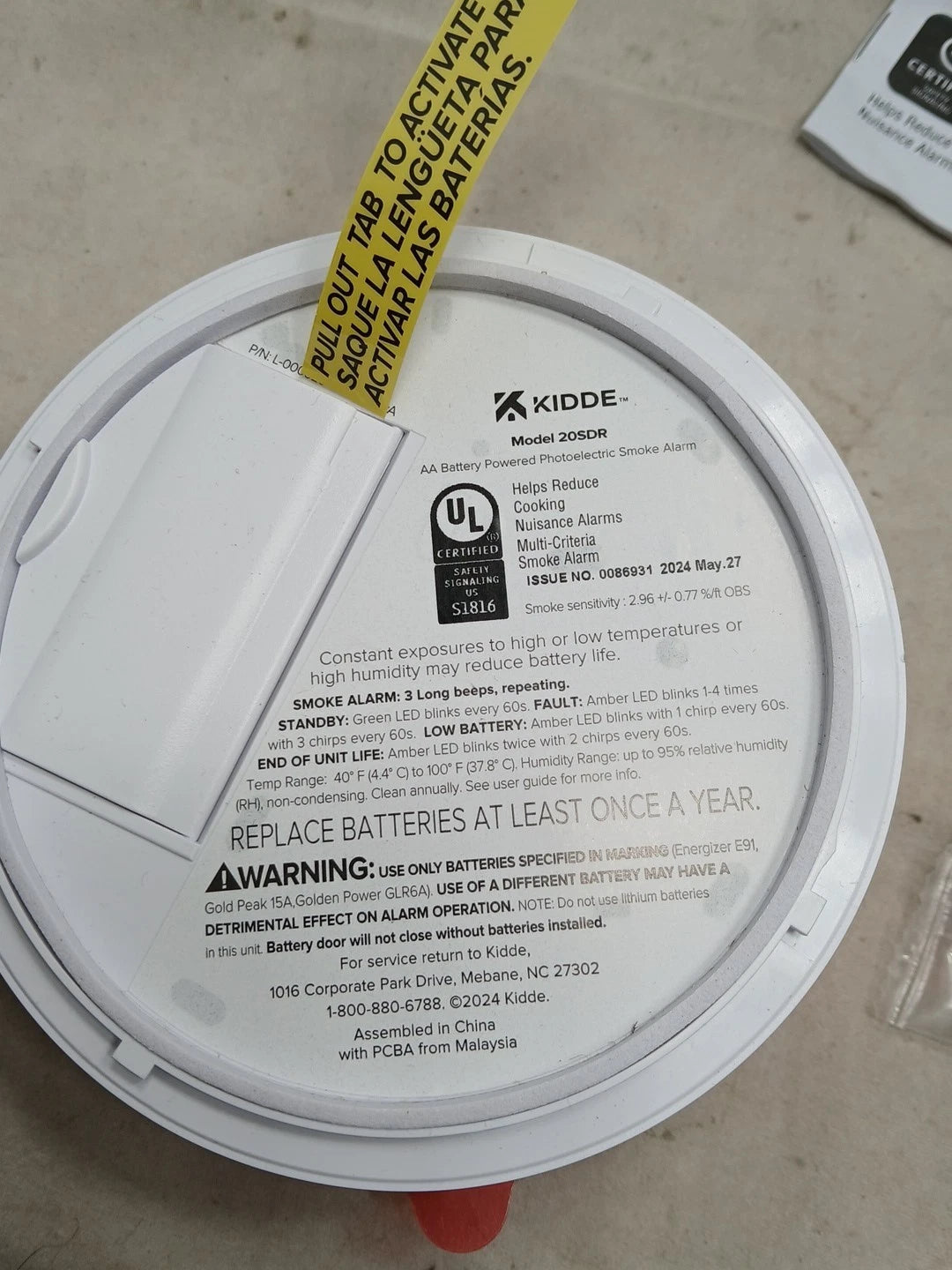 KIDDE 20SDR Photoelectric Smoke Alarm AA Battery Powered LED Warning.