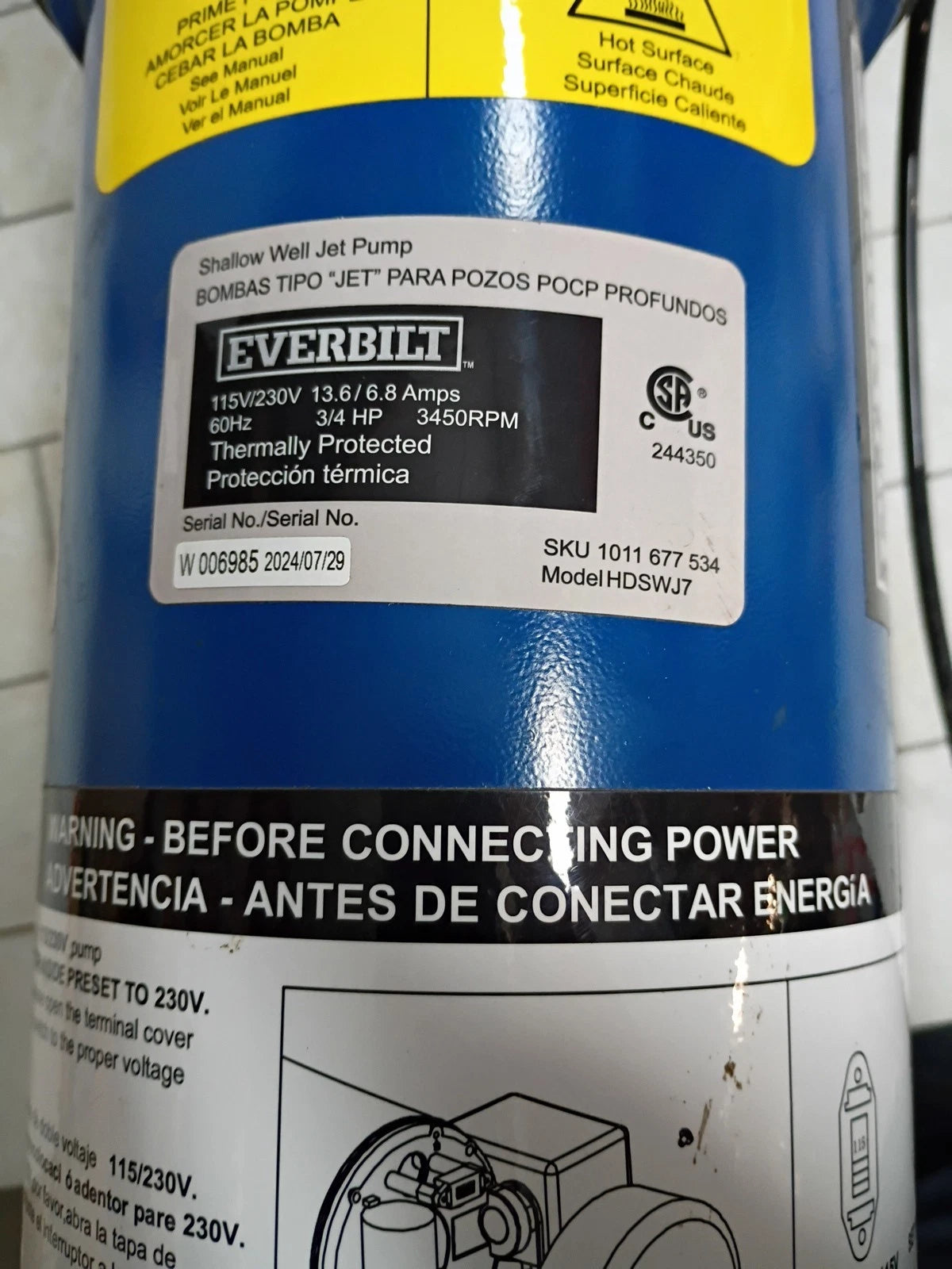 Everbilt 3/4 HP Cast Iron Shallow Well Jet Pump HDSWJ7 as is For Parts