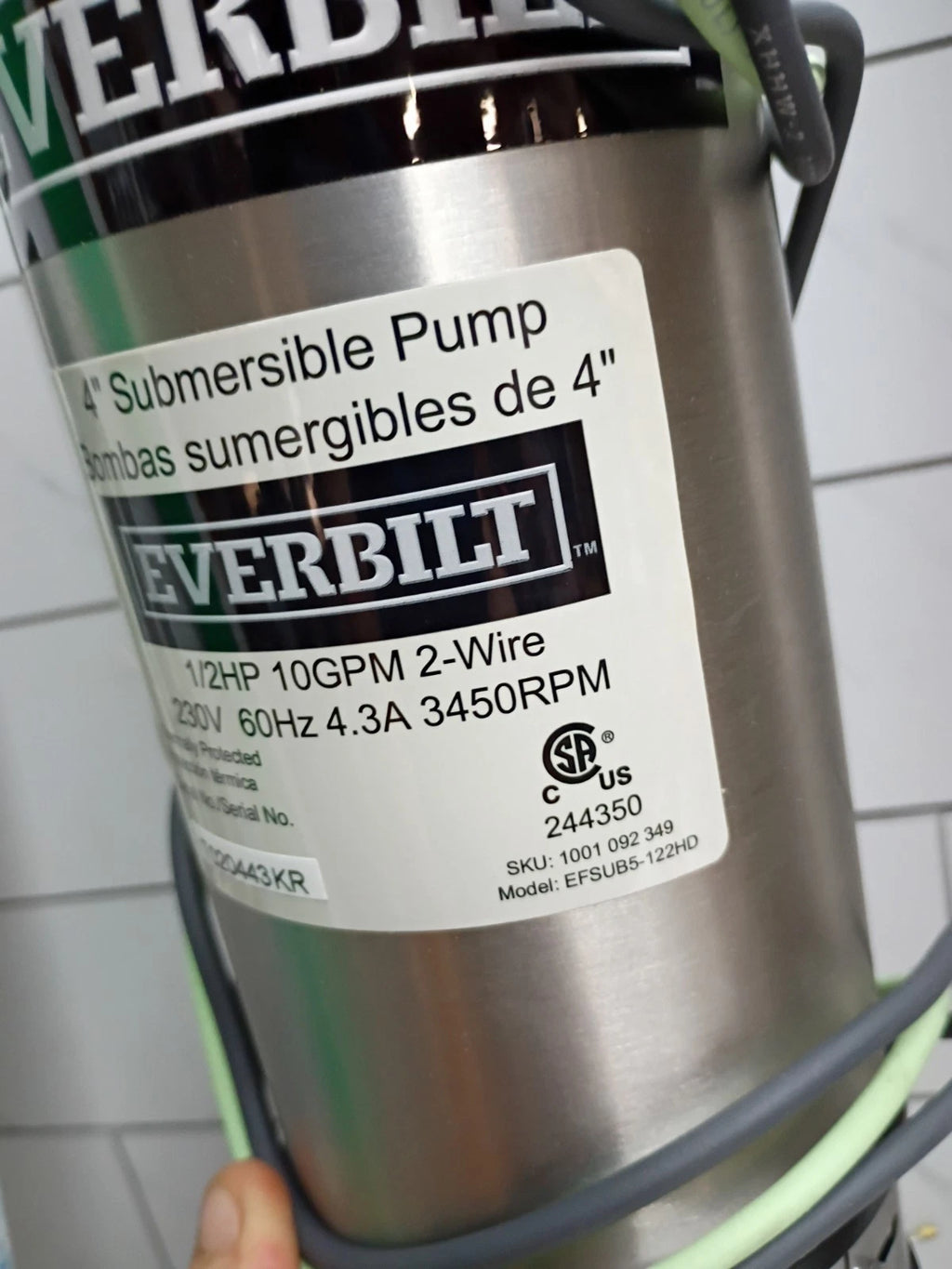 EVERBILT #EFSUB5-122HD 1/2 HP,230V 4" Submersible 2-Wire 10 GPM Deep Well