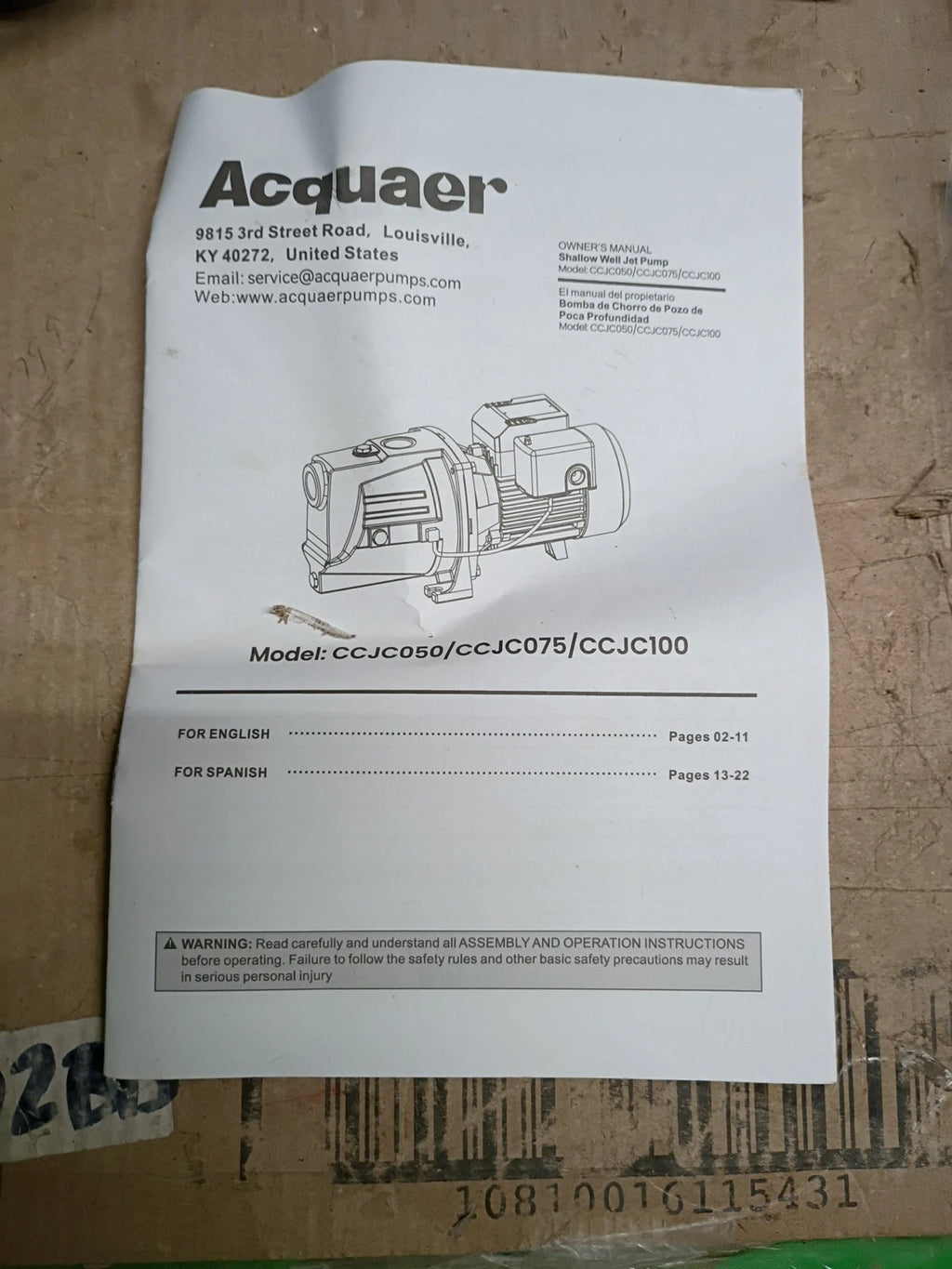 Acquaer CCJC100 1HP Shallow Well Jet Pump, Cast Iron Depth Up 25ft,,PARTS ONLY,,