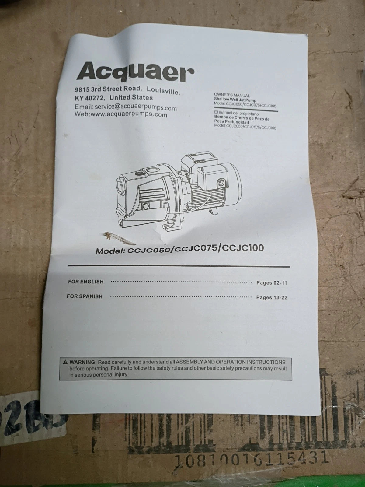 Acquaer CCJC100 1HP Shallow Well Jet Pump, Cast Iron Depth Up 25ft,,PARTS ONLY,,