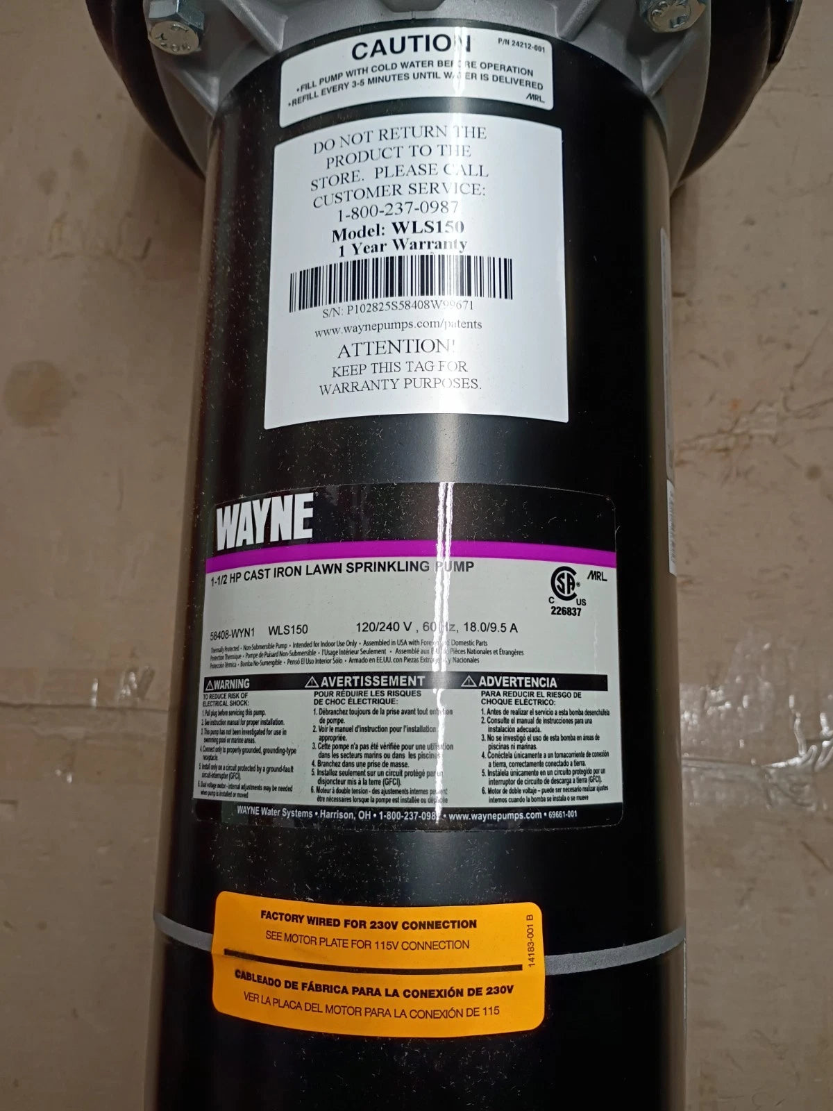 Wayne WLS150 1.5 HP Cast Iron Lawn Irrigation Sprinkler Pump NEW OPEN BOX