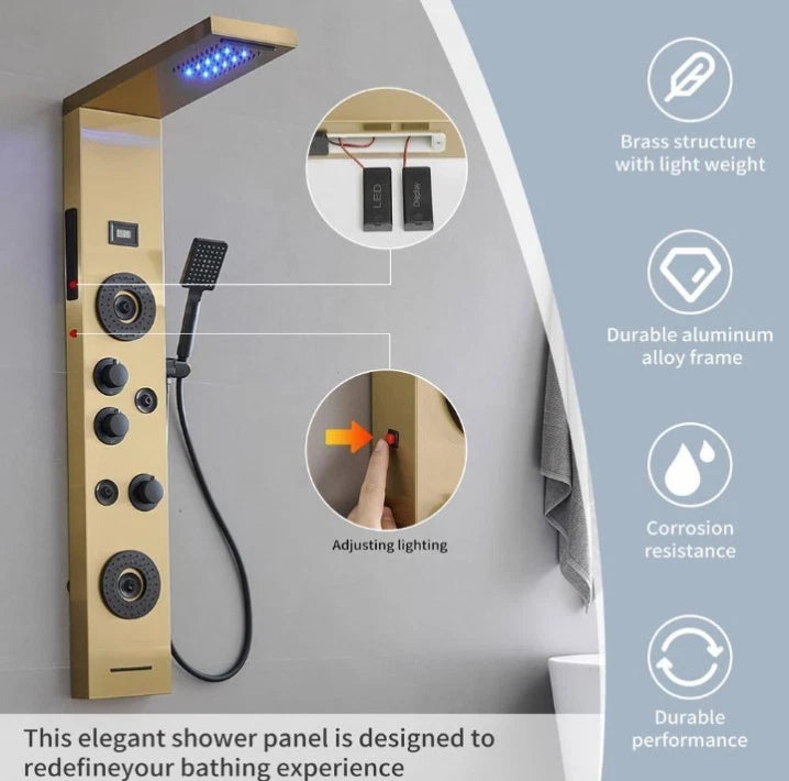 4Jet Rainfall Shower Panel System with Rainfall Waterfall Shower Head Black Gold