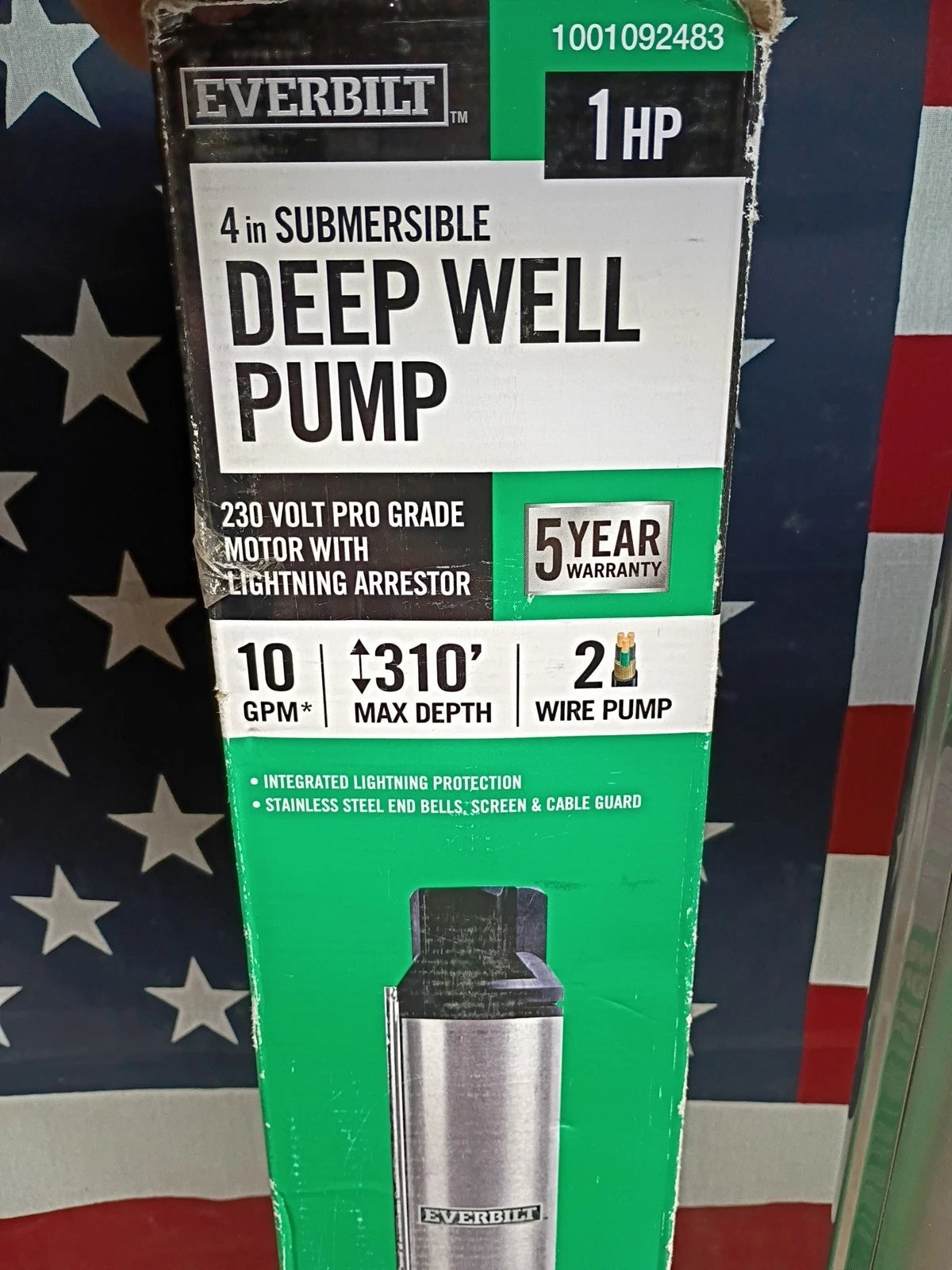 EVERBILT 1 HP HDSUB10-102 Deep Well Pump 4” Submersible 10 GPM 2 Wire 310’