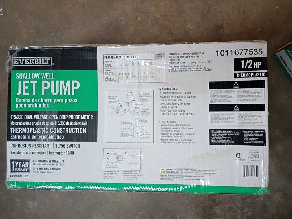 Everbilt HDSWH5P 1/2 HP Plastic Shallow Well Jet Pump New Open Box