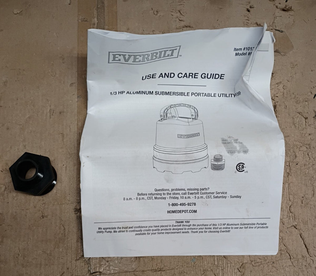 Everbilt 1/3 HP Submersible Aluminum Utility Pump Used Read