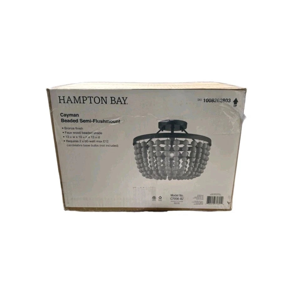 Hampton Bay Cayman 13 in. 2-Light Bronze and Faux Wood Beaded Semi-Flush Mount