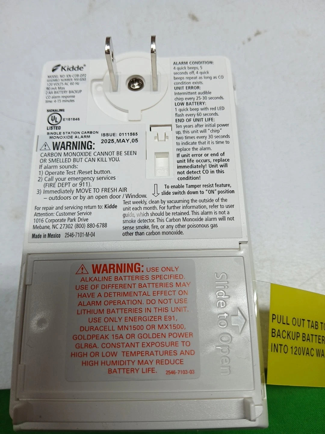 Kidde KN-COB-DP2 Carbon Monoxide Alarm AC Powered Plug In w/ Battery Backup