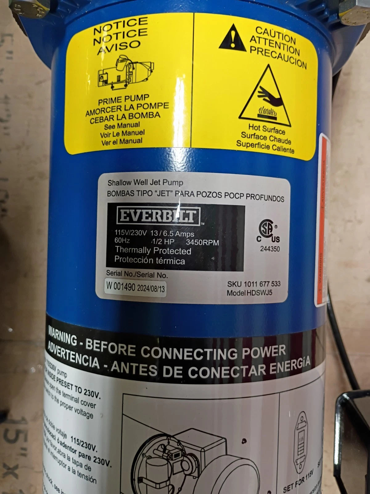 Everbilt HDSWJ5 Shallow Well Jet Pump Cast Iron 1/2HP, 63 PSI, PARTS ONLY
